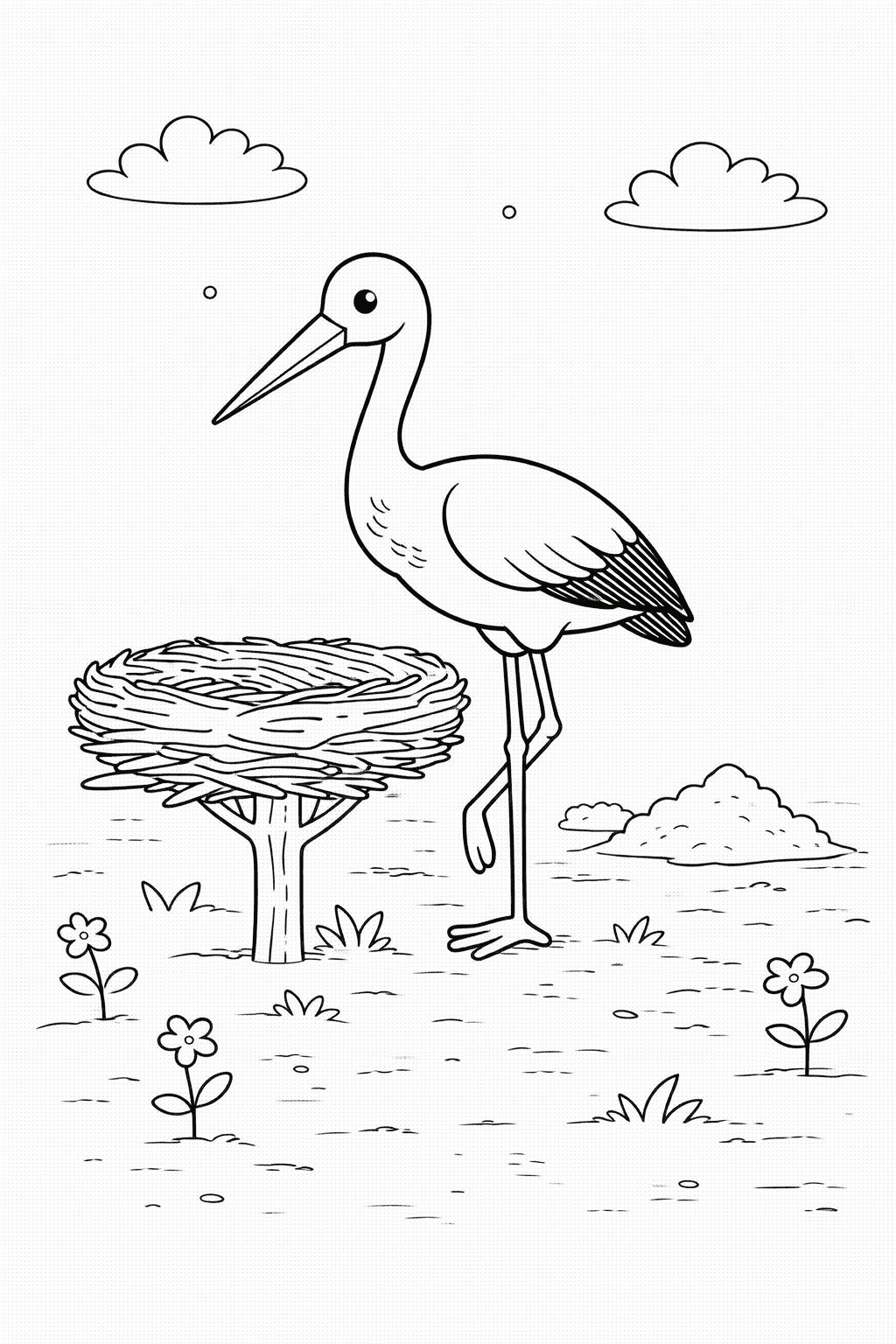 Bocian do druku – Kolorowanka z bocianem dla dzieci