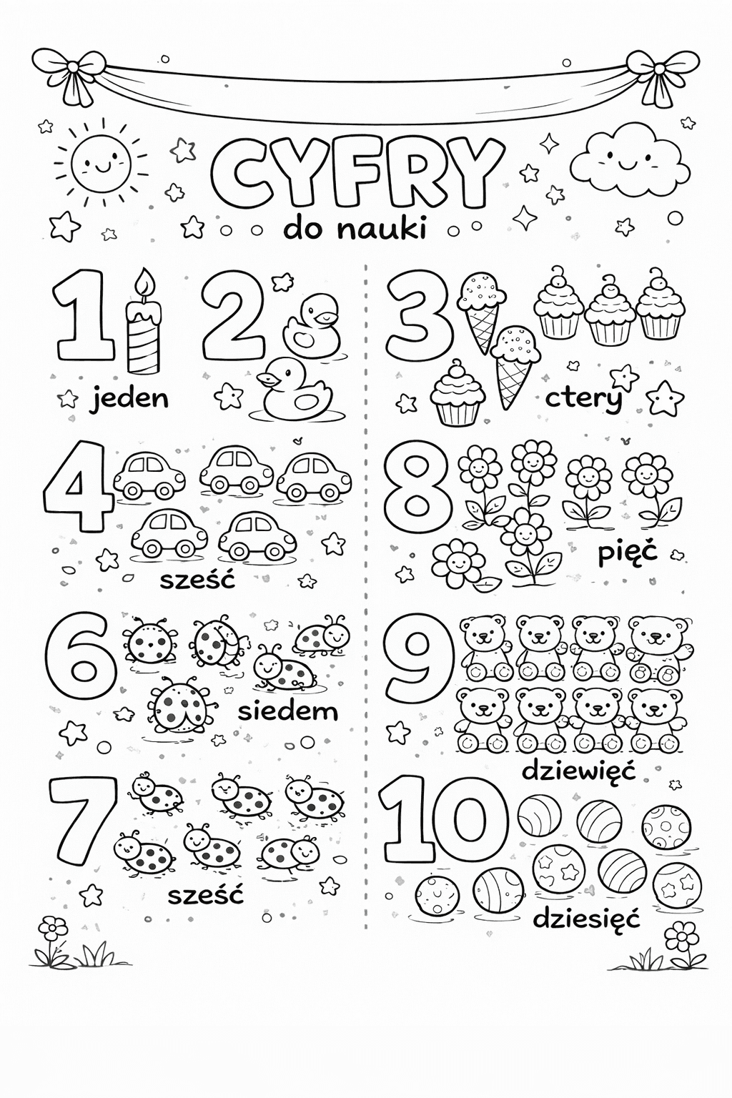 Kolorowanki z cyframi 1–10 do druku – nauka liczenia dla dzieci przez zabawę